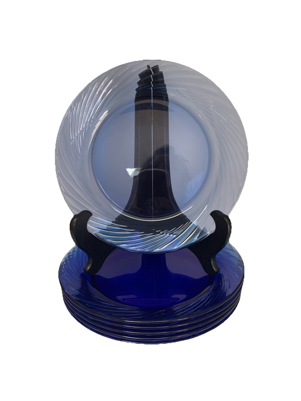 Vintage Pyrex Cobalt Blue Glass FESTIVA Swirl Salad Plates Set Of 6 USA Corelle